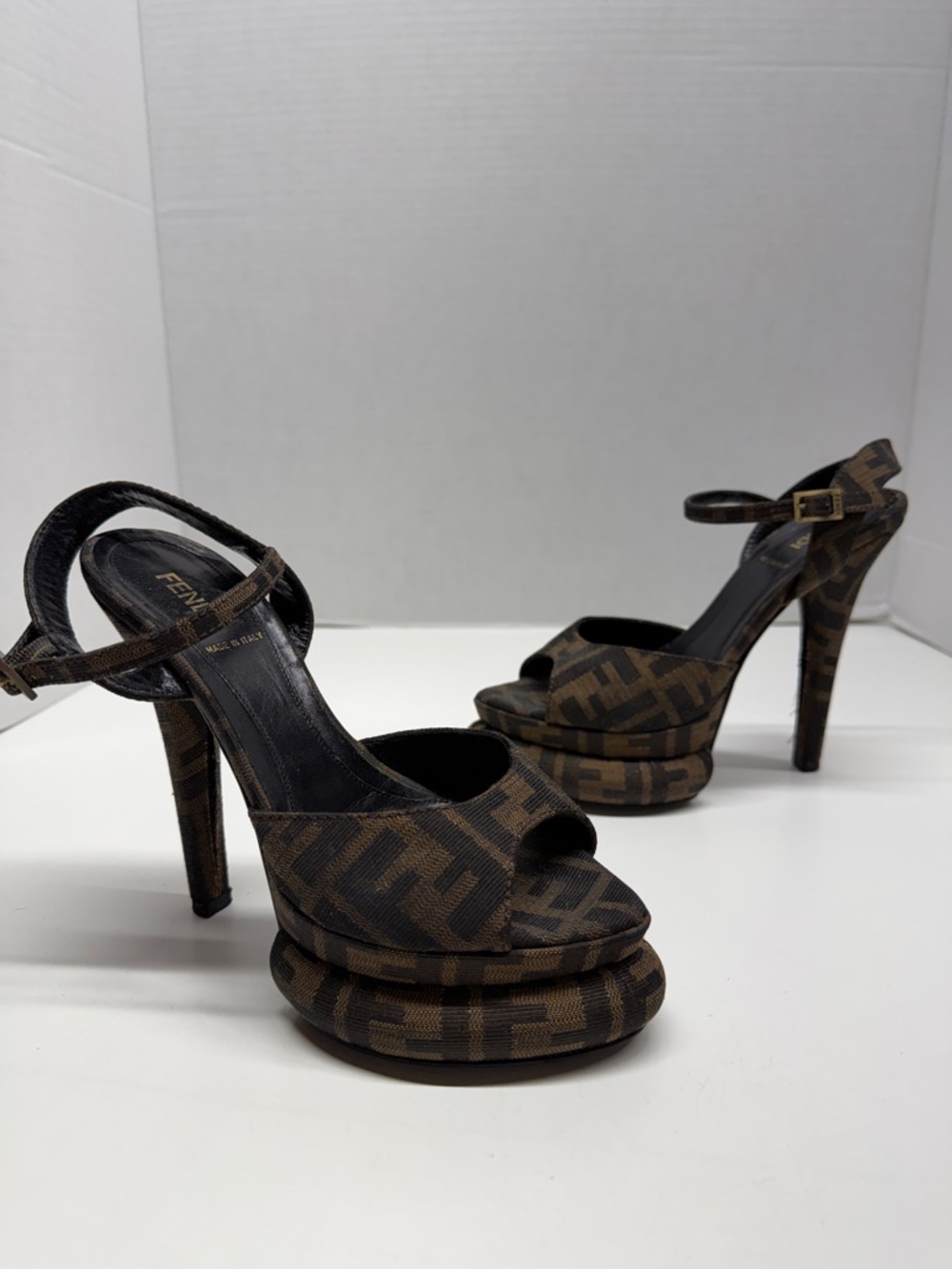 Fendi Zucca Platform High Heels Peep Toe Pointed Ankle Strap Stiletto Tobacco 36 - Picture 2 of 12